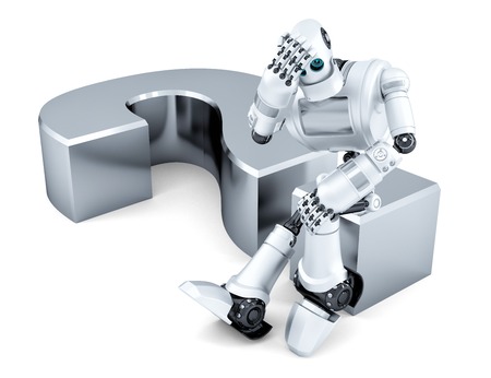 Sad thoughtful robot sitting on question mark. Isolated over white. の写真素材
