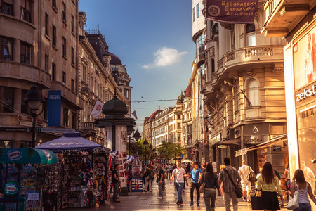BELGRADE, SERBIA - SEPTEMBER 23: Knez Mihailova Street on September 23, 2015 in Belgrade, Serbia. Street is the main shopping mile of Belgrade. Filtered photo with warm summer lighting.のeditorial素材