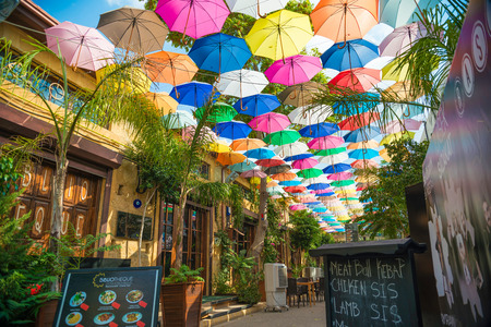 NICOSIA, CYPRUS - SEPTEMBER 19: Cafe at Arasta street, a touristic street leading to an Selimiye mosque.のeditorial素材