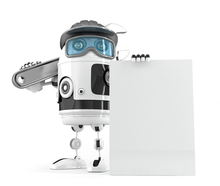 Construction robot with blank board for your ad. Isolated over white. Contains clipping path of board and entire sceneの写真素材