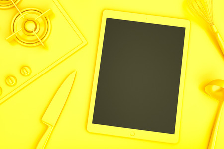 Tablet computer with blank screen on kitchen table. 3D illustration.の写真素材