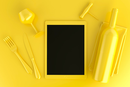 Table setting with tablet computer, glass and wine bottle. Top view. 3D illustration.の写真素材