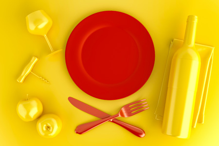 Table setting with empty red plate, glass and wine bottle. Top view. 3D illustration.の写真素材