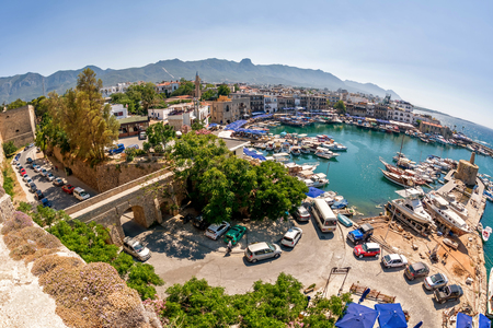KYRENIA, CYPRUS - JULY 05, 2015: Harbor view from the Kyrenia Castle walls.のeditorial素材