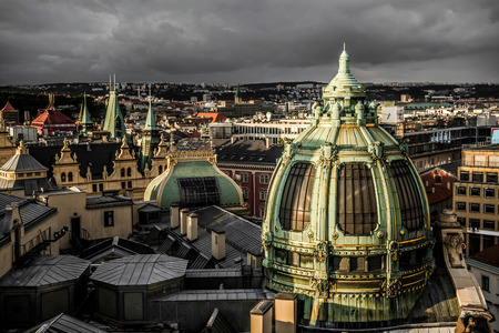Prague rooftops and Obecni Dum (Municipal House), view from Poder Tower. Czech Republic.の写真素材
