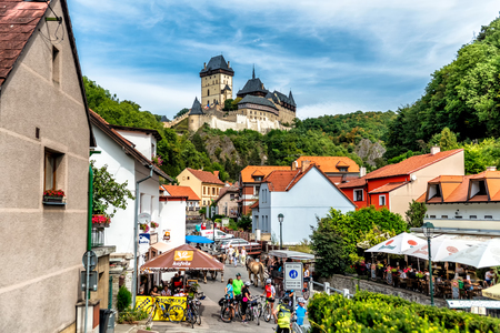 KARLSTEJN, CZECH REPUBLIC - SEPTEMBER 03, 2016: Restaurants and souvenir shops on the main road leading to Karlstejn Castle. Karlstejn Village, Central Bohemia, Czech Republic.のeditorial素材