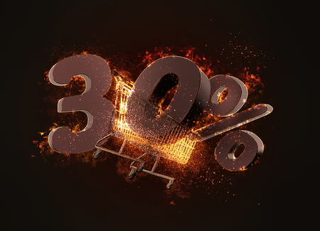 Burning shopping cart and red thirty percentage discount sign. 3D illustration.