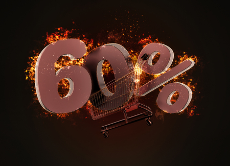 Burning shopping cart and red sixty percentage discount sign. 3D illustration.の写真素材