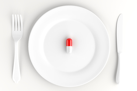An empty dinner plate with a pill. Dietary concept. 3D illustration.の写真素材