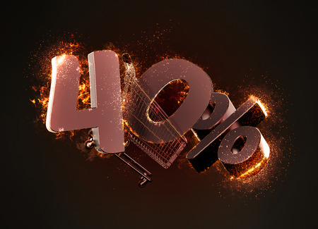 Burning shopping cart and red forty percentage discount sign. 3D illustration.の写真素材