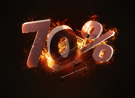 Burning shopping cart and red seventy percentage discount sign. 3D illustration.の写真素材