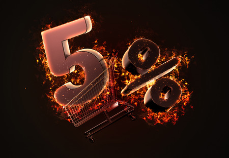 Burning shopping cart and red Five percent discount sign. 3D illustration.の写真素材