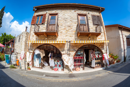 LEFKARA, CYPRUS - SEPTEMBER 29, 2017: Shop of traditional embroideries at Pano Lefkara village.のeditorial素材