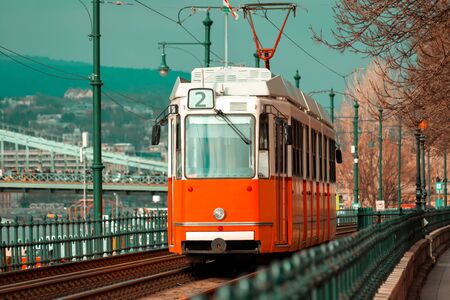 View of a vintage red tramの写真素材