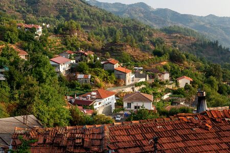 View over Agros village and the Troodos mountain range. Limassol District, Cyprusの写真素材