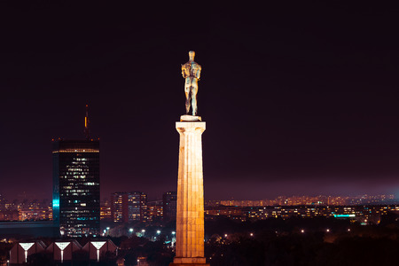 Night view of New Belgrade and Pobednik (The Victor) monument from Belgrade fortress. Belgrade, Serbiaのeditorial素材