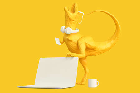 T-rex with laptop and other accessories. Technology concept. 3D renderingの写真素材