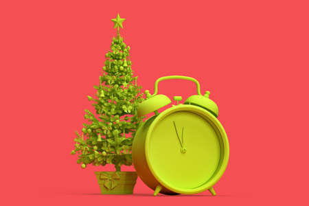 Minimalistic illustration of Christmas tree and an alarm clock. 3D renderingの写真素材