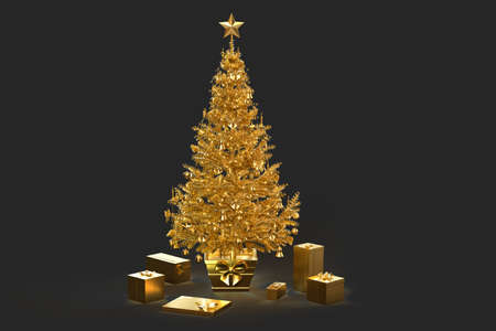 Decorated golden Christmas tree with gift boxes. 3D renderingの写真素材
