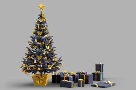 Decorated Christmas tree with gift boxes. 3D rendering