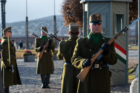 Budapest, Hungary - January 06, 2019: Budapest Guard and Ceremonial Regiment at the of Royal Castle...