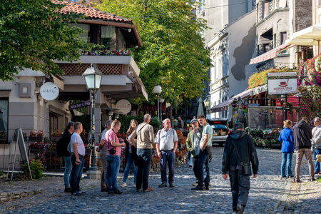 Belgrade, Serbia - September 28, 2019: Group of tourists at Skadarlija street (also known as Skadarska)のeditorial素材