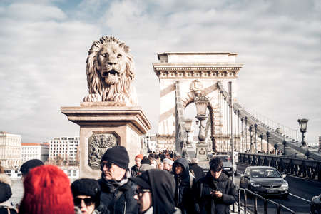 Budapest, Hungary - January 06, 2019: Crowd of people on Szechenyi Chain Bridgeのeditorial素材