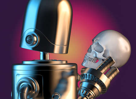 Robotic holding human skull. 3D illustration