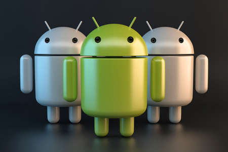 Group of Android robots. 3D illustration. Illustrative editorial. July 15, 2021