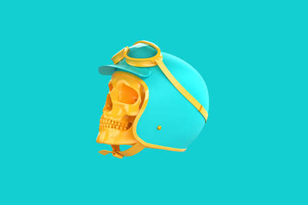 Skull wearing vintage motorcycle helmet. 3D illustration