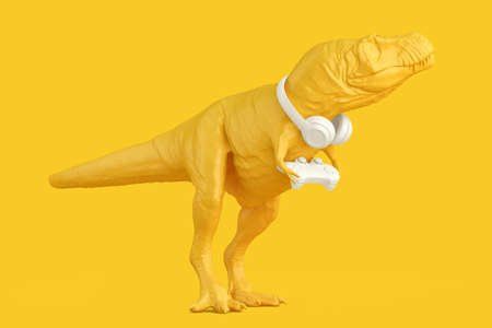 T-rex with game controller and other accessories. Technology concept. 3D renderingの写真素材