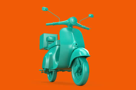 Teal vintage scooter on orange background. 3D illustration