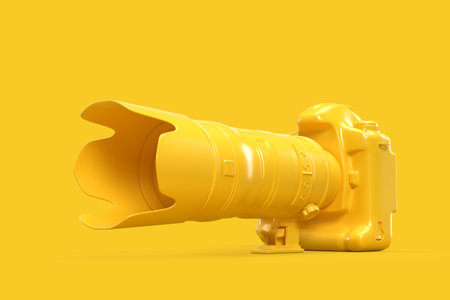 Non-existent Yellow DSLR camera on yellow background. 3D illustrationの写真素材
