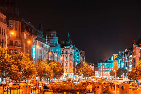 Prague, Czech Republic - September 01, 2018: View of Wenceslas Square at twilight