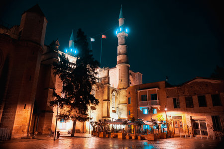 Selimiye Mosque, formerly St. Sophia Cathedral and nearby restaurant at night. Nicosia, Cyprusのeditorial素材