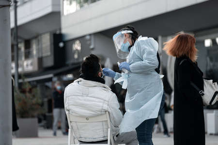 Larnaca, Cyprus - January 02, 2021: Covid-19 testing checkpoint at Athinon Avenue during lockdownのeditorial素材