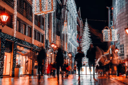 Budapest, Hungary - January 04, 2019: Night view of Fashion Street with festive decorations and illuminationのeditorial素材