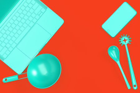 Kitchen table top view with laptop and utensils. 3D illustrationの写真素材