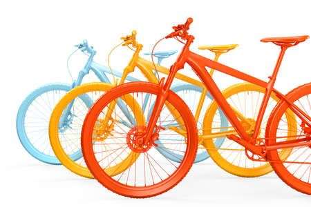 Group of colorful bicycles. 3D renderingの写真素材