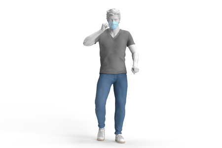 Casual dressed guy wearing disposable protective face mask. 3D illustrationの写真素材
