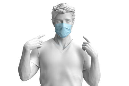 Close up of a confident man in protective medical mask pointing at it. 3D illustrationの写真素材