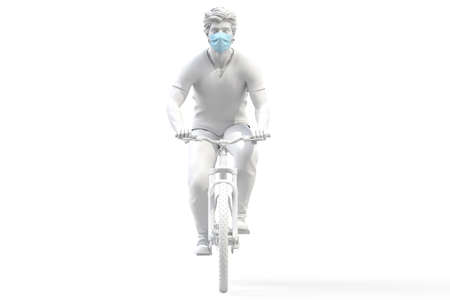 Front view of a man wearing medical protective face mask on a bicycle. 3D rendering