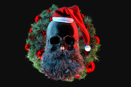 Skull of Santa Claus on the background of a Christmas wreath. 3D Renderingの写真素材
