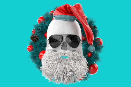 Skull of Santa Claus on the background of a Christmas wreath. 3D Renderingの写真素材