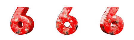 Number 6 (Six) from Red scratched metallic numbers collection set. Isolated. 3D Renderingの写真素材