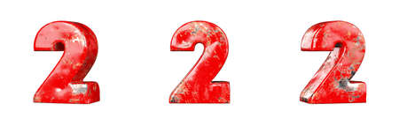 Number 2 (Two) from Red scratched metallic numbers collection set. Isolated. 3D Renderingの写真素材