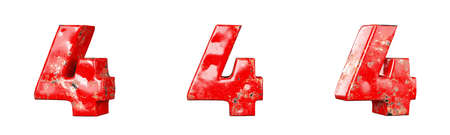 Number 4 (Four) from Red scratched metallic numbers collection set. Isolated. 3D Rendering