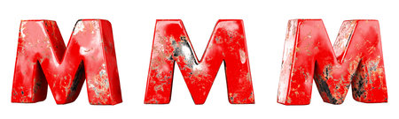 Letter M from Red scratched metallic letters alphabet collection set. Isolated. 3D Renderingの写真素材