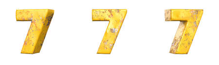 Number 7 (seven) from a set of metallic yellow grunge numbers. Isolated. 3D Renderingの写真素材