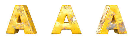 Letter A from alphabet set of metallic yellow grunge letters. Isolated. 3D Renderingの写真素材